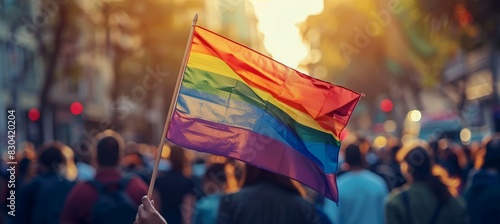 Rainbow flag at LBGT festival parade. Trans gay lesbian gender equality movement symbol. Generative AI technology.	
