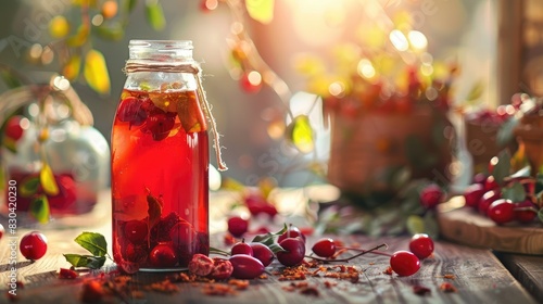 Rosehip tea in a bottled drink and dried rosehips
