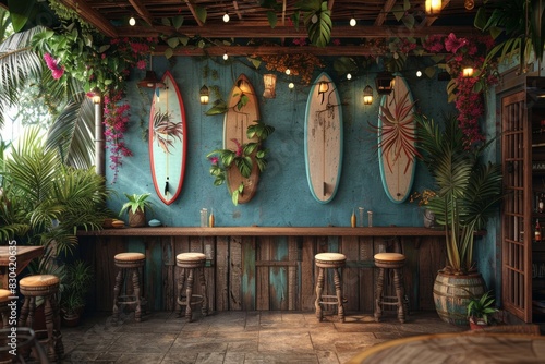 beach bar with surfboard decor and tropical plants offers a laid-back setting for enjoying exotic cocktails by the ocean photo