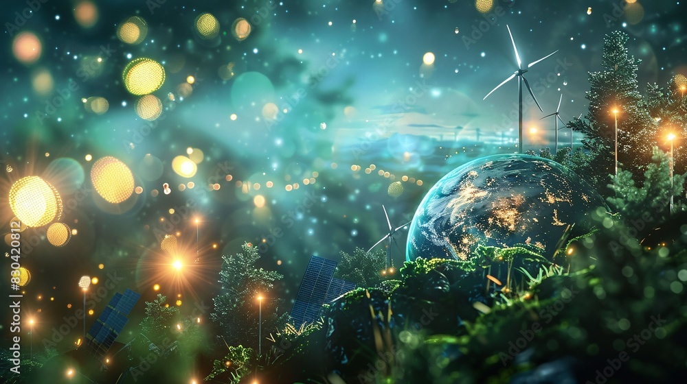 Capture the essence of green energy with this stunning image of planet Earth adorned with wind turbines, solar panels, and a lush forest, perfect for promoting eco-friendly business solutions. Capture the essence of green energy with this stunning image of planet Earth adorned with wind turbines, solar panels, and a lush forest, perfect for promoting eco-friendly business solutions.