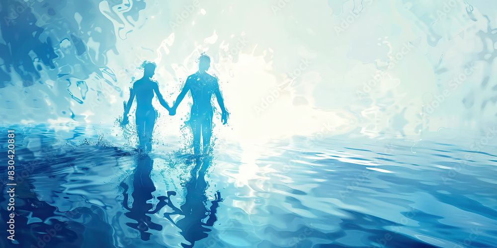 Fototapeta premium Unity (Blue): Two figures holding hands, symbolizing unity and solidarity