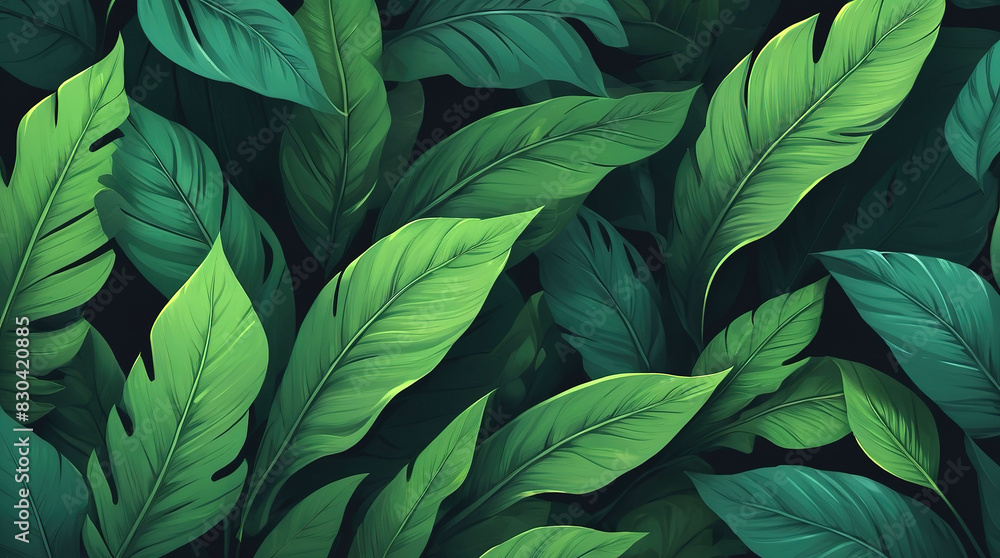 Fototapeta premium Background of dark green tropical leaves