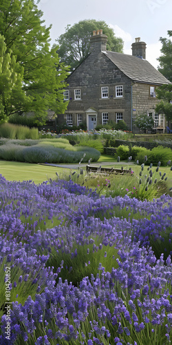 Campos de Lavanda Roxa com Casa de Campo ao Fundo