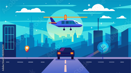 As the air taxi approaches a holographic display in the sky displays the realtime traffic and estimated arrival time.. Vector illustration