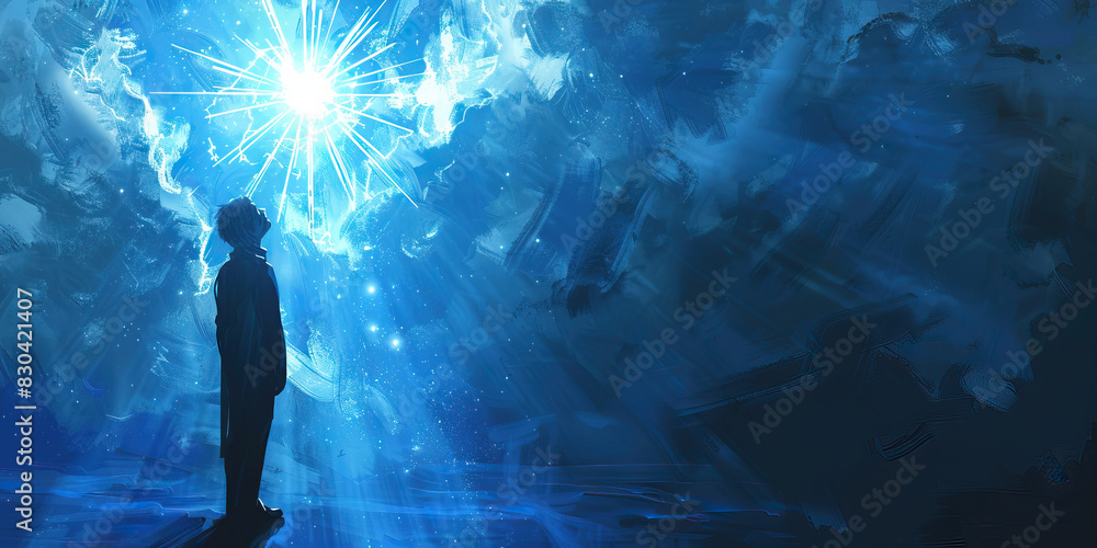 Fototapeta premium Hope (Light Blue): A figure looking up at a bright star, symbolizing hope and inspiration