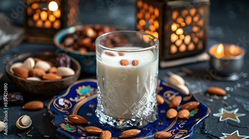 Ramadan Kareem decorations with dates, milk, and almonds on a dark stone background