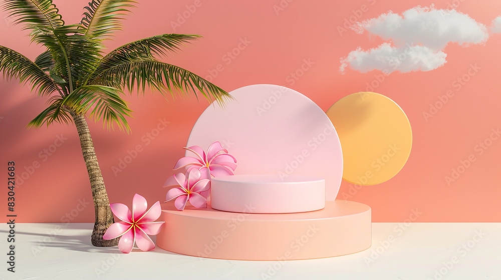 3d podium stand for product presentation with summer background and palm tree illustration 3d podium stand for product presentation with summer background and palm tree illustration