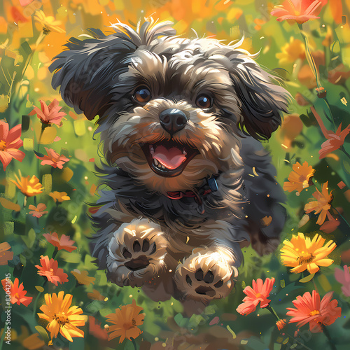 Illustration of a cute brown and black shih-tzu dog running at the garden with colorful flowers. 