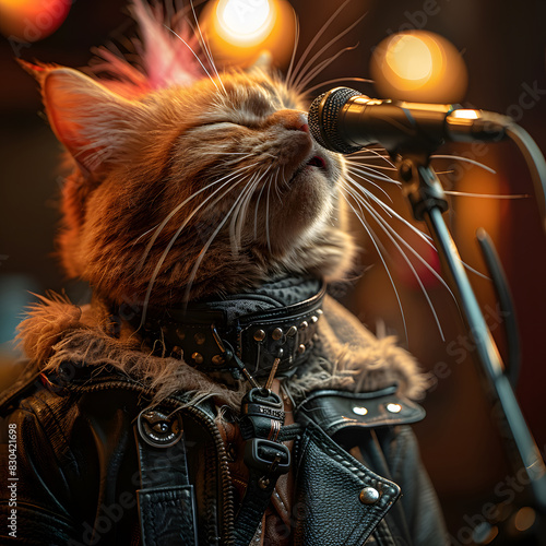 Portrait of an anthropomorphic cute yellow kitty with some pink hairs closing its eyes and wearing a black collar and a black jacket and singing at the stage. Bokeh background.