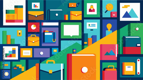 A sea of colorful portfolios lining the walls each one representing a unique students creative journey and growth.. Vector illustration