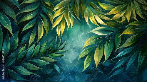 natures growth, artistic arrangement of palm fronds in shades of green, symbolizing growth and vitality photo