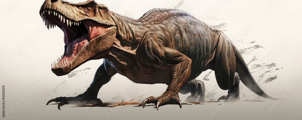 Fototapeta premium A fierce dinosaur roars with its mouth wide open, displaying sharp teeth.