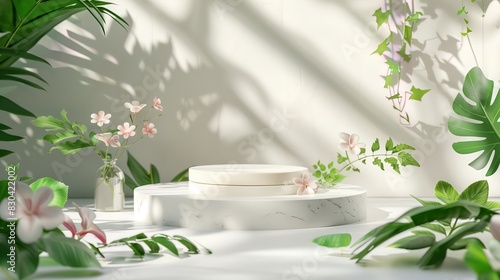 A pastel-themed composition featuring cylindrical podium adorned with tropical flowers and green leaves against a soft white background.