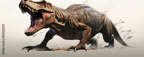 A fierce dinosaur roars with its mouth wide open, displaying sharp teeth. photo