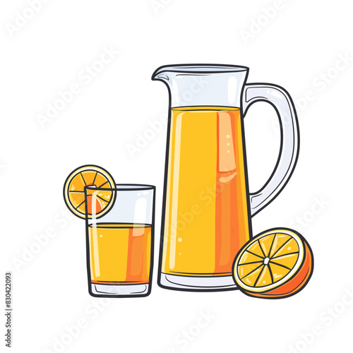A pitcher and glass of orange juice with oranges