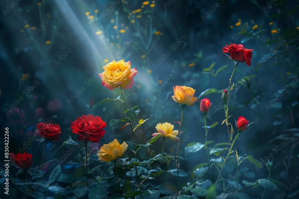 Fototapeta premium Blooming Yellow and Red Rose in Dark Forest