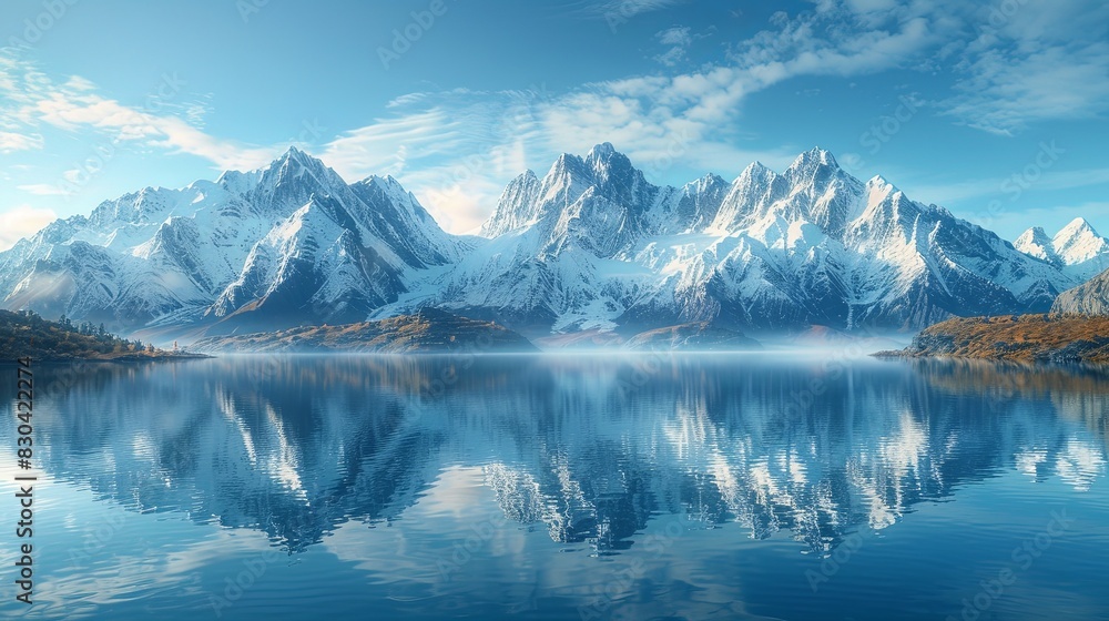 Majestic Mountain Range at Sunrise with Golden Light Illuminating Snow-Capped Peaks and Crystal-Clear Cyan Lake Reflecting Vibrant Colors. High-Resolution Image Showcasing Nature's Tranquility Beauty.