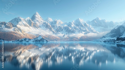 Majestic Mountain Range at Sunrise with Golden Light Illuminating Snow-Capped Peaks and Crystal-Clear Cyan Lake Reflecting Vibrant Colors. High-Resolution Image Showcasing Nature's Tranquility Beauty.