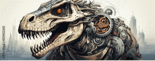 Steampunk dinosaur skull with intricate gears and cogs.