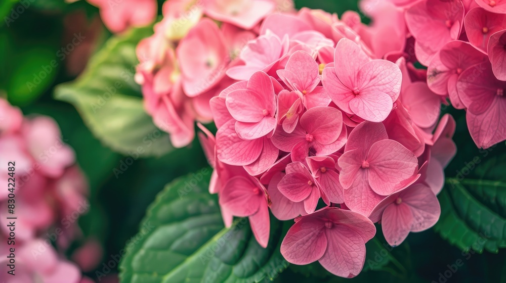 Pink hydrangea blossoms in the garden close up of a bud cultivating a summer hortensia flower Background of green leaves and floral petals Pink hydrangea blossoms in the garden close up of a bud cultivating a summer hortensia flower Background of green leaves and floral petals