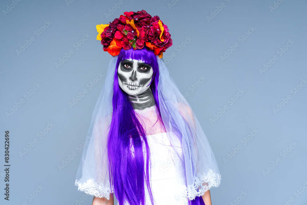 Pale creepy lady in wedding dress, veil, wreath of flower, death makeup, creepy costume for Halloween party Ghost of abandoned dead bride, looking with silent reproach, tragic loss, nightmare memories Pale creepy lady in wedding dress, veil, wreath of flower, death makeup, creepy costume for Halloween party Ghost of abandoned dead bride, looking with silent reproach, tragic loss, nightmare memories