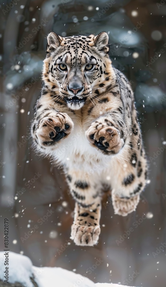 Obraz premium Majestic Snow Leopard Leaping with Grace - Powerful Feline in Action