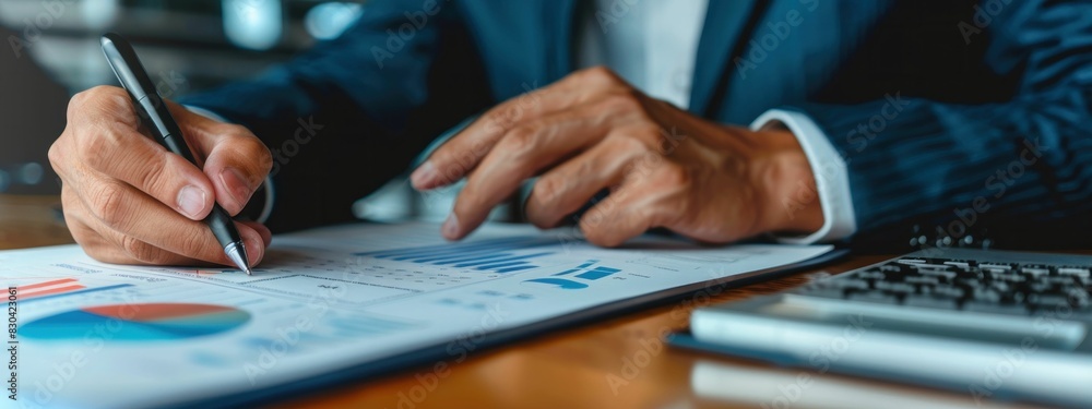 Businessman working on finance and accounting concept with calculator and pen on paper Businessman working on finance and accounting concept with calculator and pen on paper