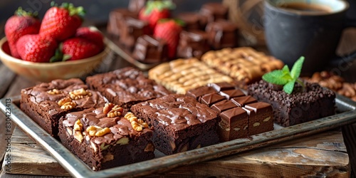 A plate of fudgy brownies with various toppings on a vintage metal tray