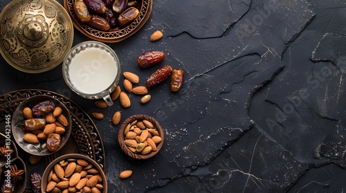 Ramadan Kareem decorations with dates  milk  and almonds on a dark stone background