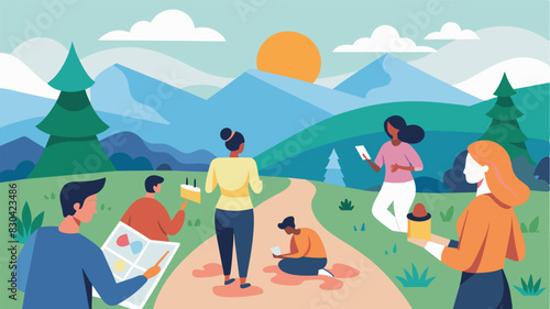 A community mindfulness painting project takes place on a hiking trail as individuals incorporate elements of their natural surroundings into their artwork connecting with the. Vector illustration