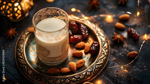Ramadan Kareem decorations with dates  milk  and almonds on a dark stone background