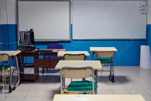 Empty chairs in classrom. Modern furniture. Interior of cafe. Conference hall. photo