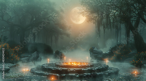 mystical ritual invoking Thoth's guidance in a sacred grove under the light of the moon photo