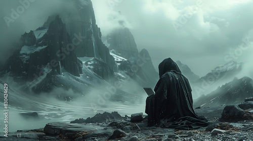 prophet predicting the end of days using the wisdom of the Emerald Tablets in a desolate wasteland photo