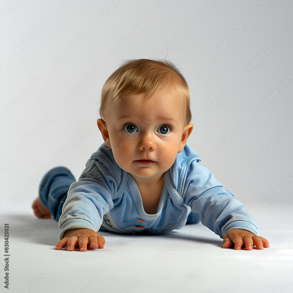 Cute smiling baby lying on his stomach on a white background, Cute smiling baby lying on his stomach on a white background,