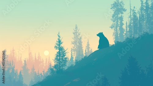 Illustration of a bear s silhouette set against a backdrop of a flat forest photo