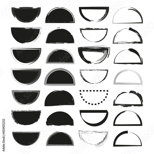 Assorted semicircle designs. Varied brush styles. Black and white vector set. Artistic shapes. photo