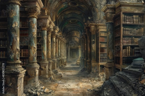 A majestic depiction of an old library in classical realism style, with rows of ancient books and a lone reader immersed in study photo