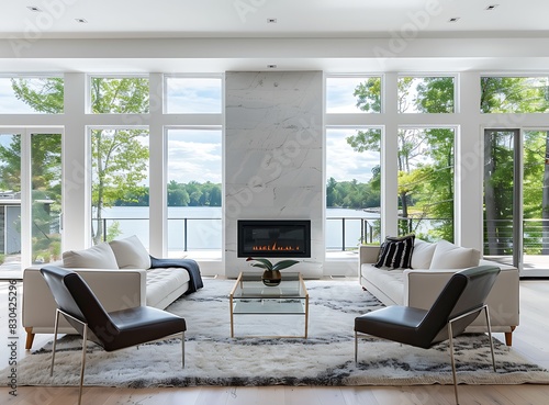 Modern living room with a fireplace and large windows overlooking a lake in a white color  with a light wood floor  sofa  armchairs  and a glass coffee table on a shaggy rug
