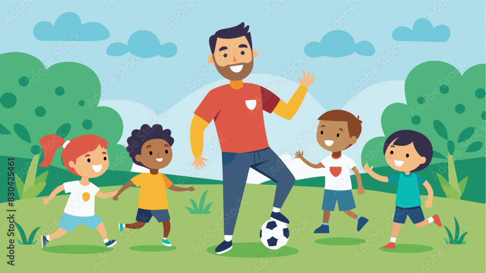A man happily playing a game of soccer with a group of kids in a local community field.. Vector illustration A man happily playing a game of soccer with a group of kids in a local community field.. Vector illustration