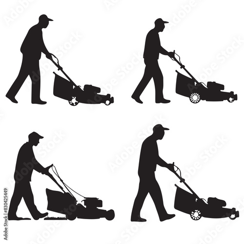 Man with Lawnmower Silhouette Vector Set