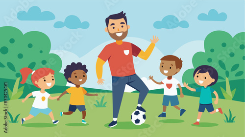 A man happily playing a game of soccer with a group of kids in a local community field.. Vector illustration