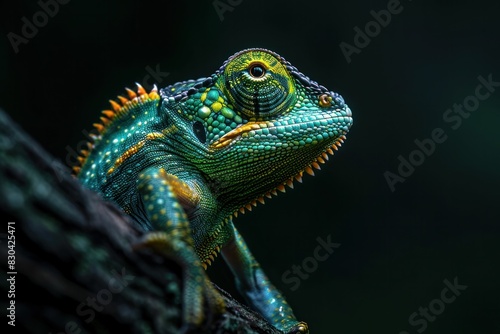 Chameleon resting on tree branch with eyes closed and head turned  nature wildlife closeup photography