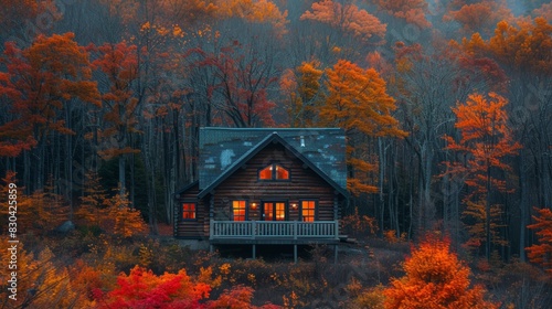 autumn cabin retreat, a charming cabin surrounded by vibrant autumn foliage in a serene forest a perfect spot for a tranquil escape