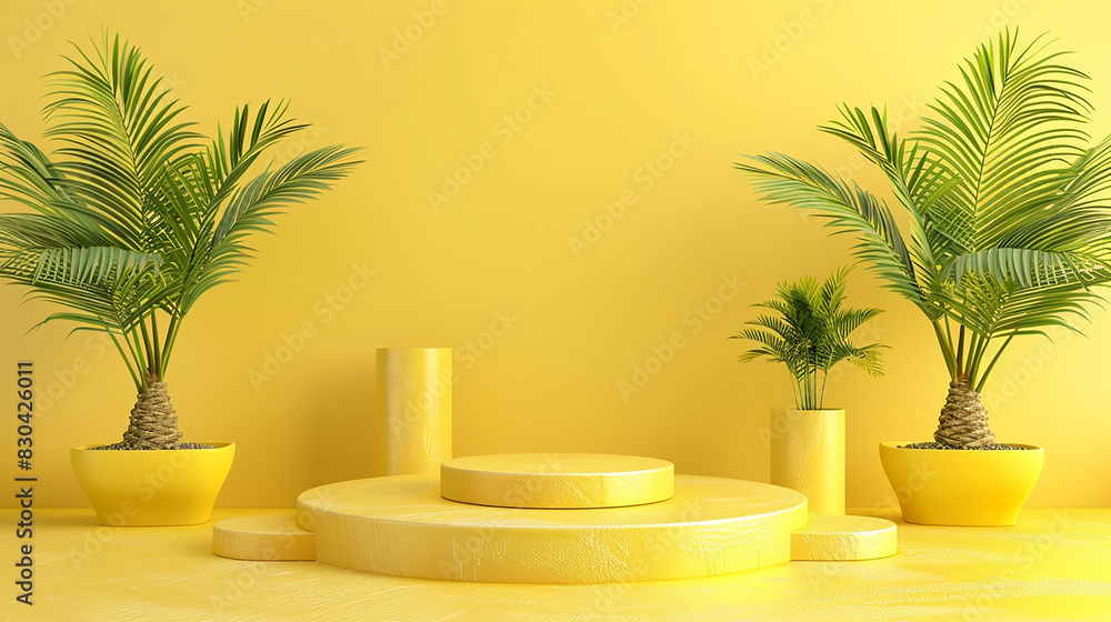 Obraz premium yellow podium nd niche palm trees leaves tropical on yellow background