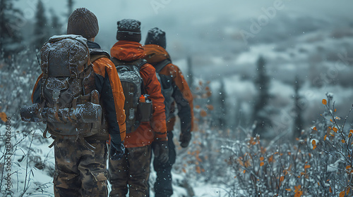 Amateur boys hunting the cold wilderness with family members watching from a distance