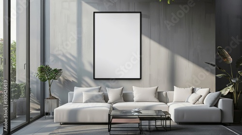 Frame mockup single vertical ISO A paper size reflective glass mockup poster on the wall of living room Interior mockup Apartment background Modern interior design 3D render 26052024Mlap © Bi