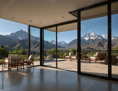 Frameless sliding glass door opening to a picturesque patio with a scenic mountain view. © Aoun