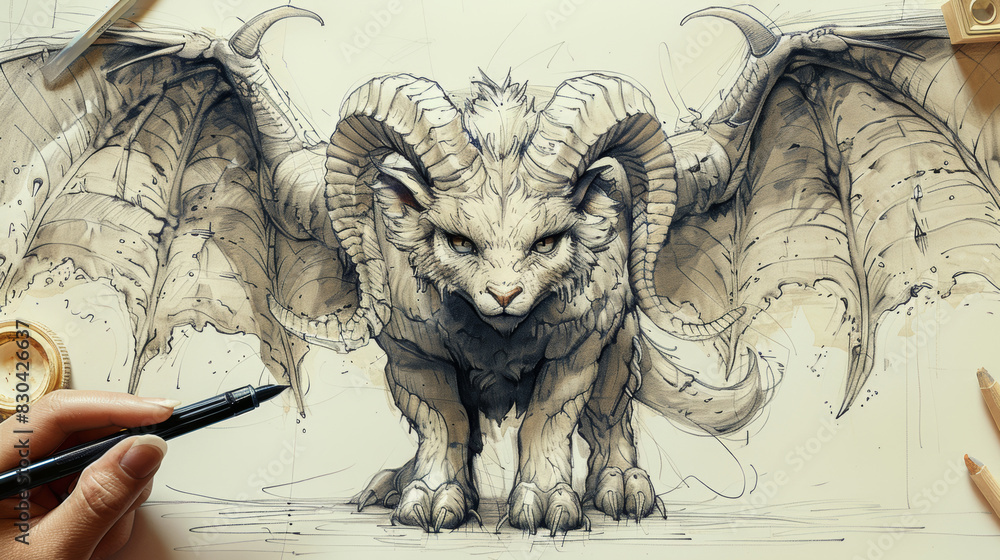 mythical creature art, pen and ink drawing of a mystical being with ...