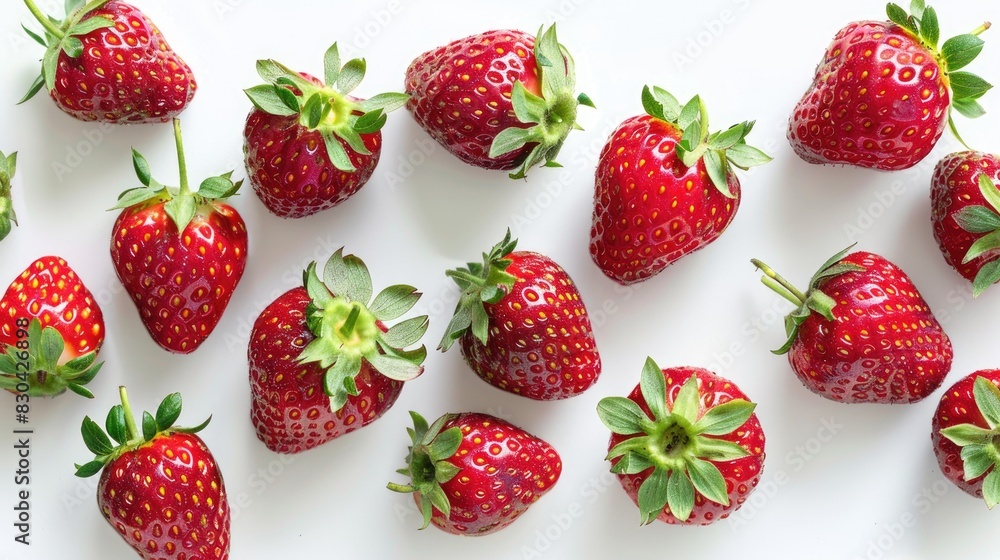Red strawberries that are ripe against a white backdrop Red strawberries that are ripe against a white backdrop